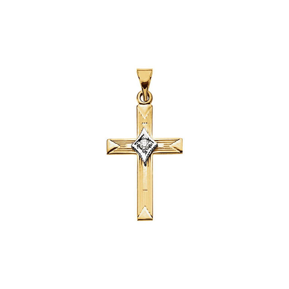 Diamond Cross Pendant In 14K Yellow Gold that measures 21.00x14.00mm and has a bright polish to shine.