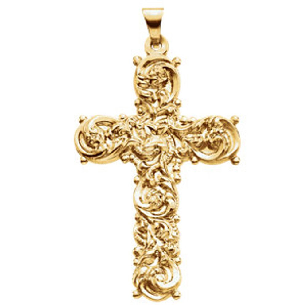 This cross pendant is in 14k yellow gold and has a bright polished finish. The cross is 39mm by 26.50mm and weighs 6.72 grams.