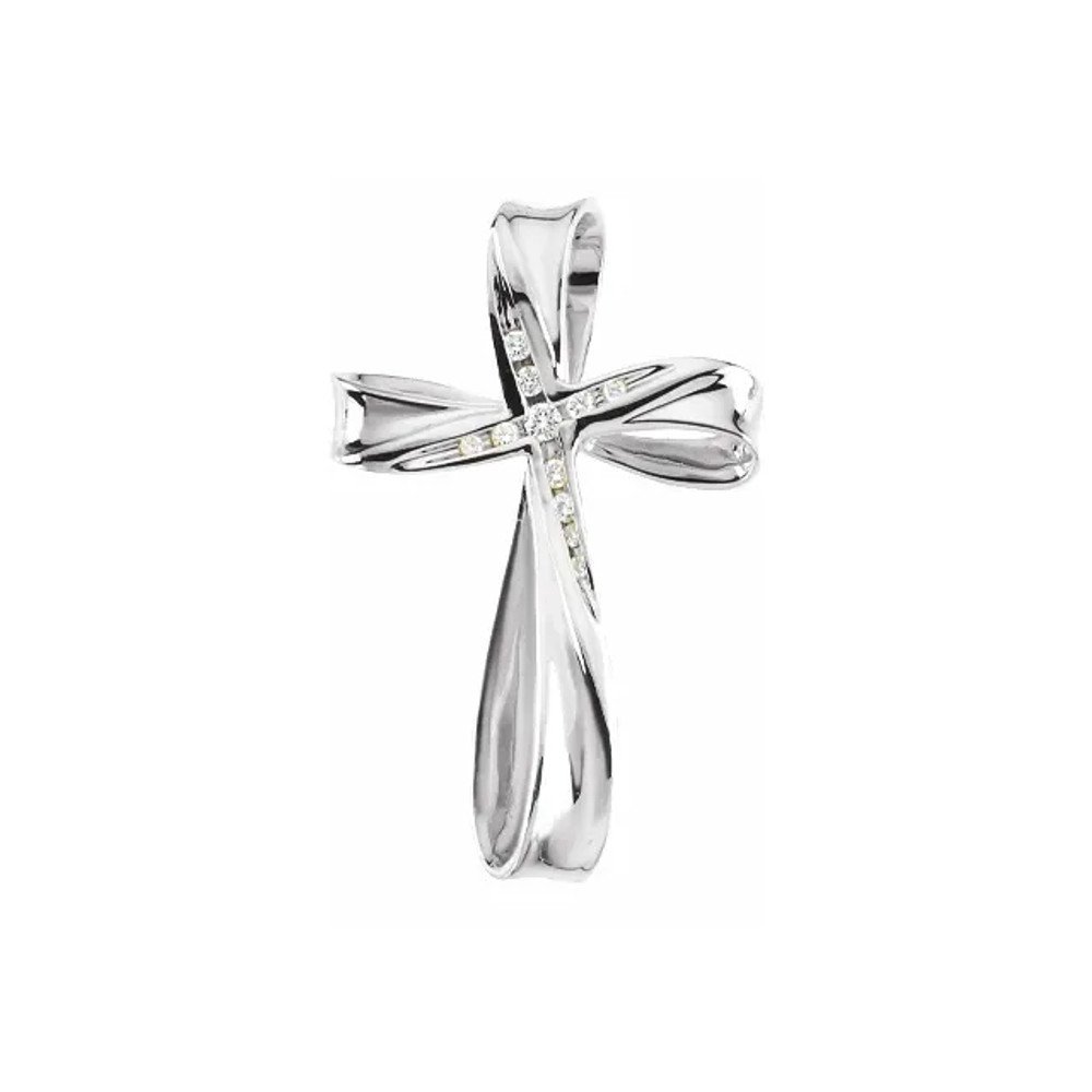 Beautifully crafted, this diamond pendant features round diamonds set in a dainty cross design of 14k white gold.