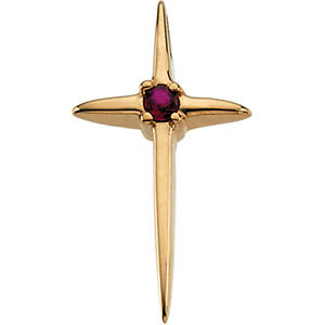 Ruby cross pendant in 14K yellow gold has an elegant yet substantial design. Pendant measures 7.75x10.00mm and has a bright polish to shine. Chain sold seprately!