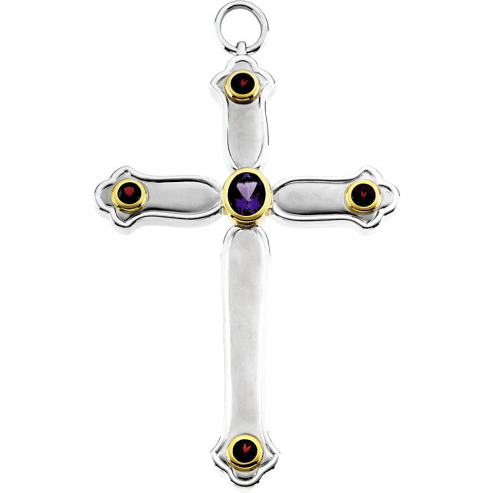 Genuine Amethyst And Mozambique Garnet Pectoral Cross In 14K Yellow Gold and measures 96.75x65.00mm. Polished to a brilliant shine.