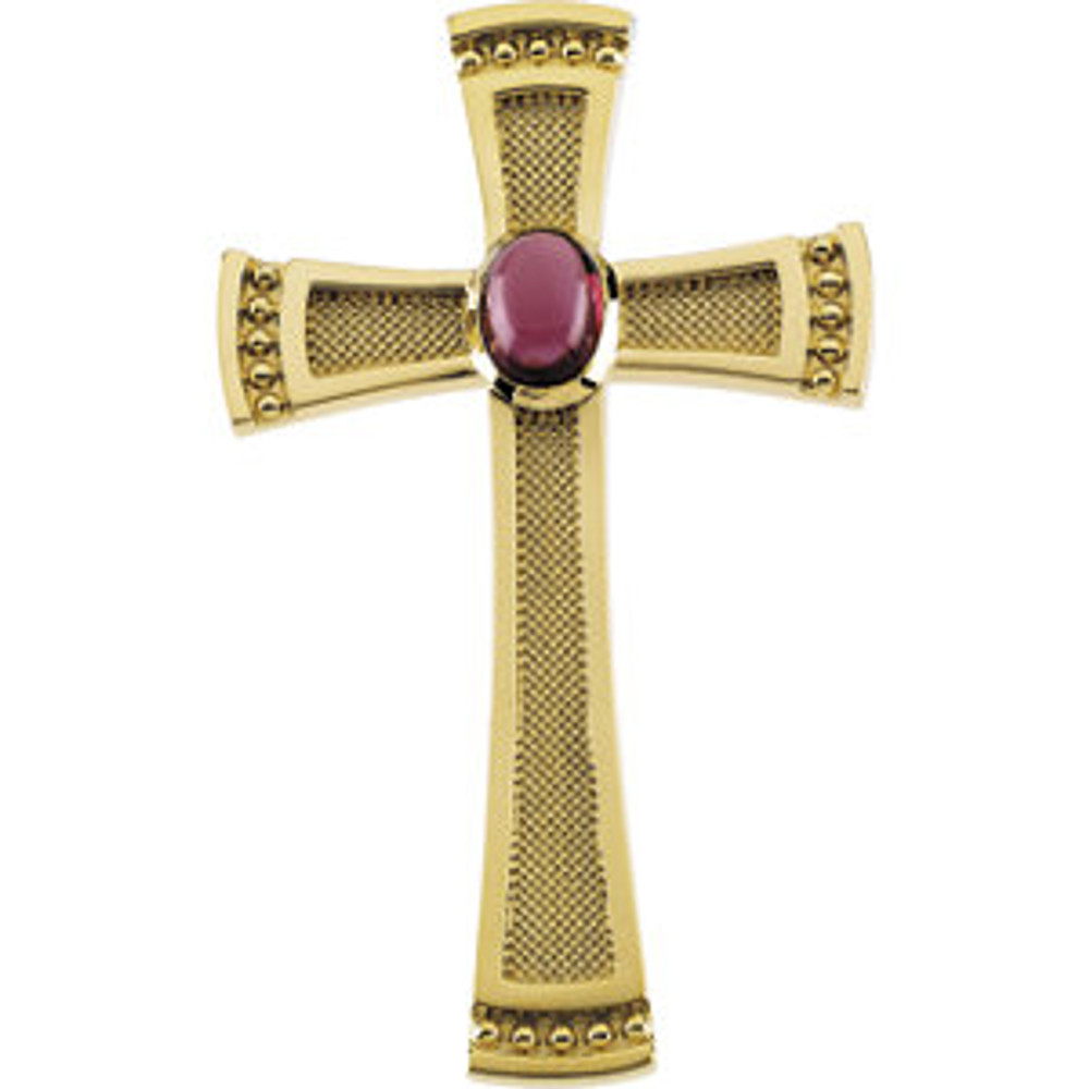 This large, majestic byzantine cross measures approximately 2-1/4" in length.  Crafted from polished 14K yellow gold, this trefoil pendant features textured cross arms with a polished border and bead-embellished ends.  A genuine, AA Grade, rhodolite garnet cabochon is bezel set in the center.