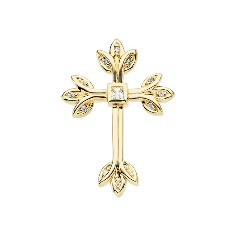 Inspiring and eye-catching, this brilliant diamond pendant showcases beautiful 14k yellow gold and measures 35.00x25.50mm. This simple cross has rich round full-cut genuine diamonds measuring 1/4 ct. tw. and has a bright polish to shine.