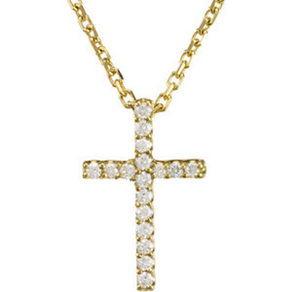 A glistening expression of faith, this diamond cross necklace will take her breath away. Expertly crafted in warm 14K yellow gold, this simple cross has rich round full-cut genuine diamonds. Designed to delight, this pendant has a bright polished shine. 