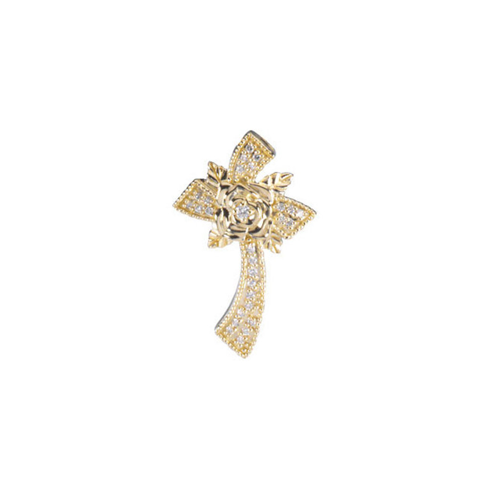 Stems of 14K gold roses are adorned with twenty eight, sparkling full cut diamonds in this elegant floral style cross.  The prong set diamonds have a combined weight of 1/6 carat.  Measures approximately 27.25x17.25mm and is available in your choice of yellow, white or rose gold.