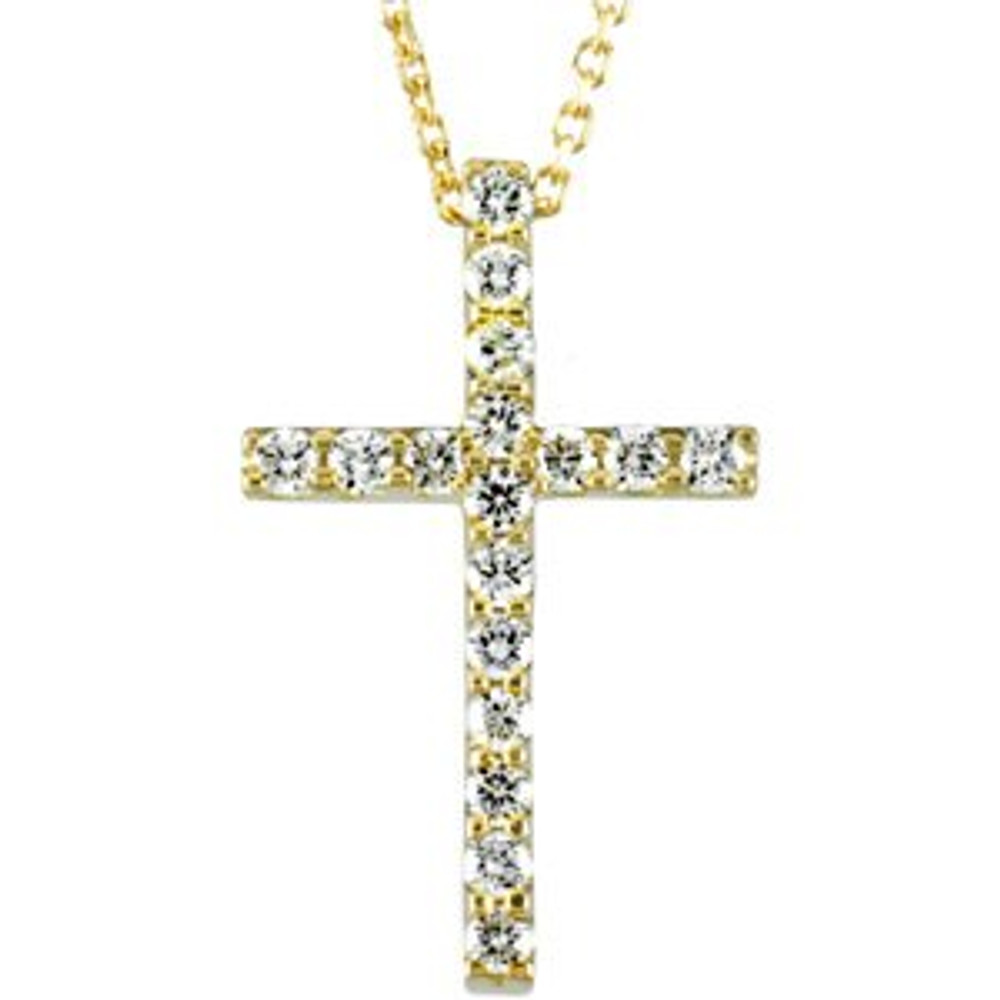 Seventeen brilliant-cut round diamonds are beautifully set in a sparkling prong setting in this stunning diamond cross pendant in 14k yellow gold.
