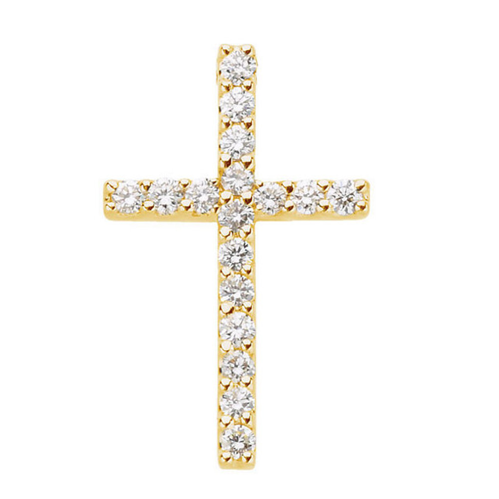 Seventeen brilliant-cut round diamonds are beautifully set in a sparkling prong setting in this stunning diamond cross pendant in 14k yellow gold.