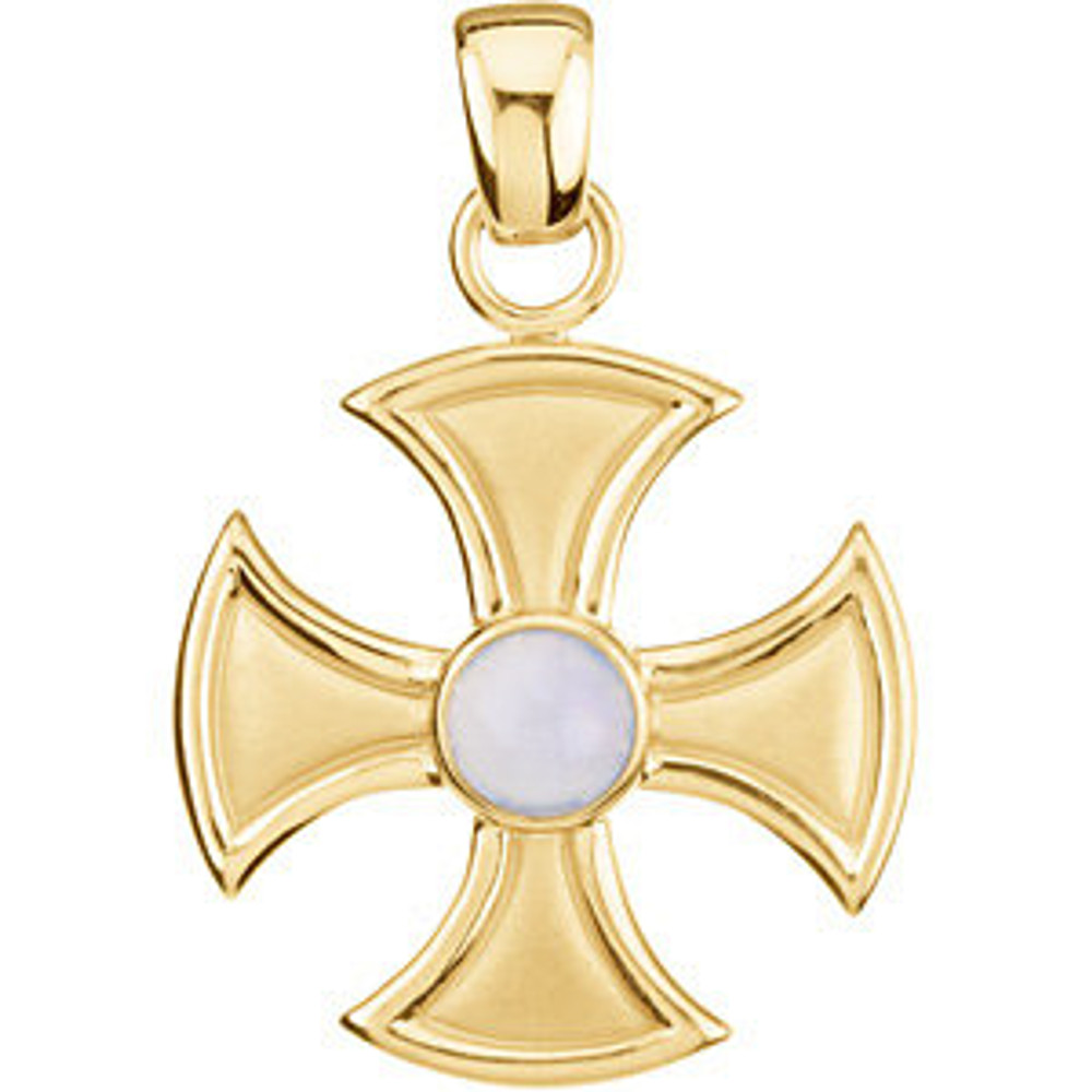 Treat yourself with this incredible Maltese Cross crafted from 14K yellow gold accented with a mystical chalcedony stone. It measures 29mm in diameter and weighs approximately 9.61 grams.
