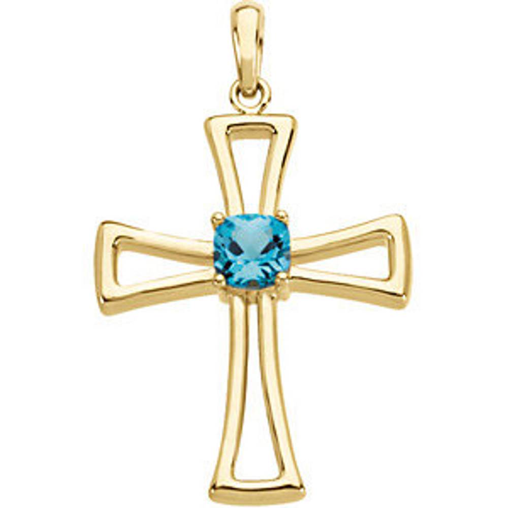 A stunning display of faith, this genuine swiss blue topaz cross sparkles in 14k gold and has a bright polish to shine. It's the perfect complement to any outfit. Chain sold separately!