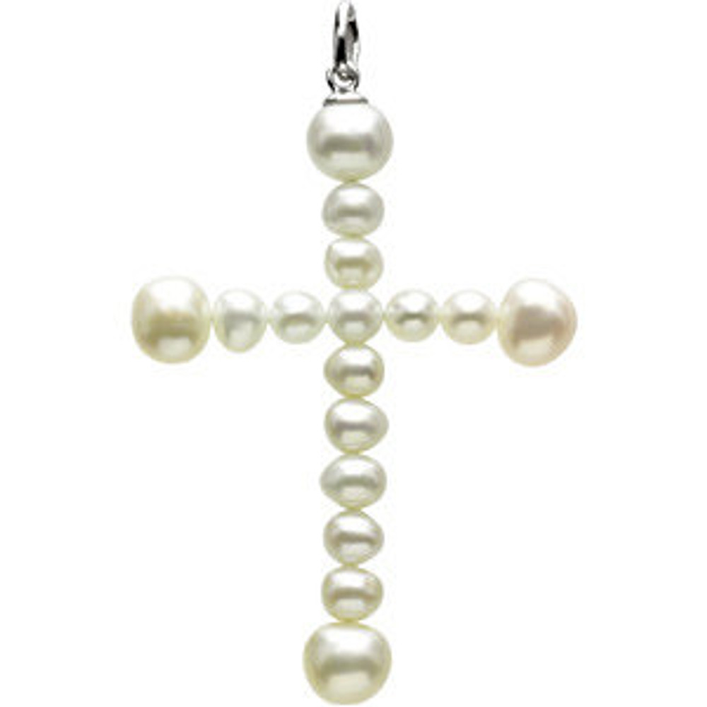 This freshwater cultured pearl cross pendant is crafted in 14K white gold. It features 12 gemstone freshwater pearls that measure 4.5 - 5.0mm.Chain sold separately!