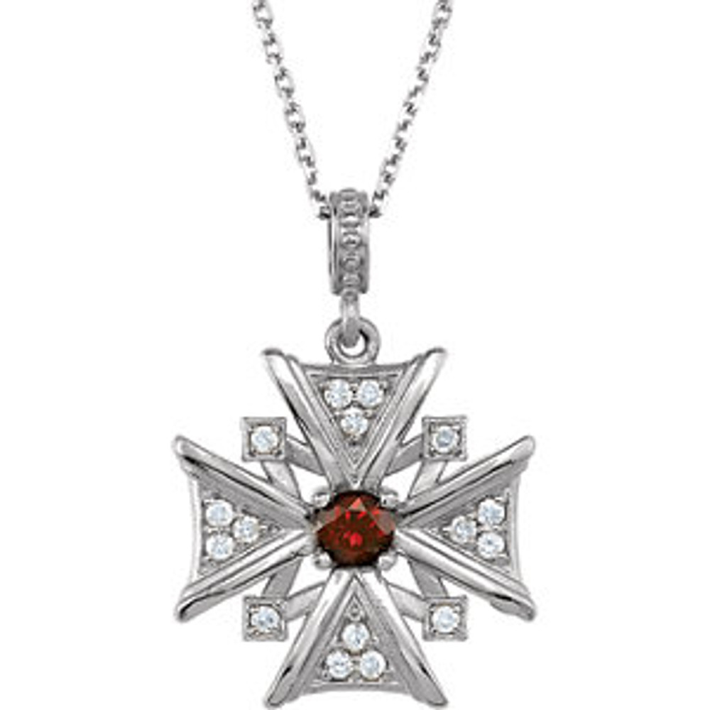 A single genuine, AA grade mozambique garnet gemstone combines with sixteen, prong-set, full-cut diamonds set in high-polished to create this vintage-style, pattée cross dangle necklace. Measures approximately 15/16" in length (including decorative bail) and comes with an 18" chain.