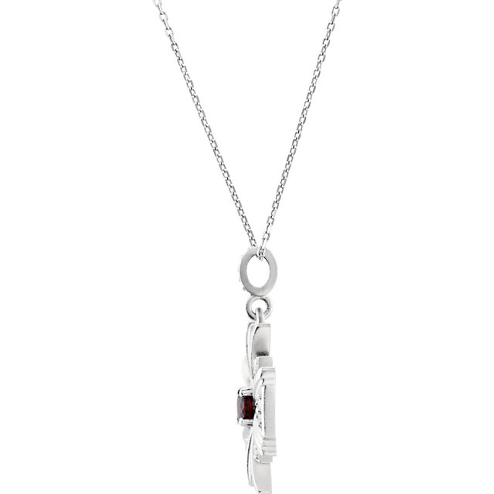 A single genuine, AA grade mozambique garnet gemstone combines with sixteen, prong-set, full-cut diamonds set in high-polished to create this vintage-style, pattée cross dangle necklace. Measures approximately 15/16" in length (including decorative bail) and comes with an 18" chain.