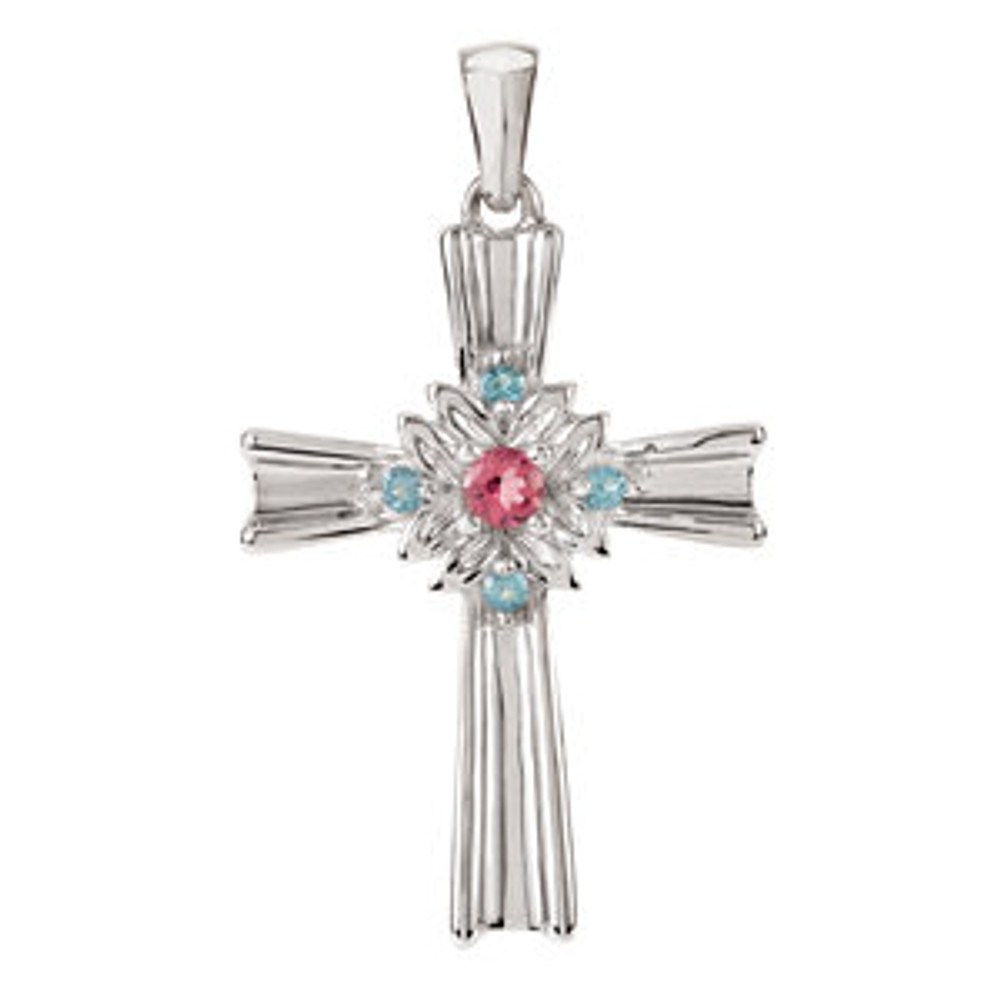 This cross pendant is crafted of genuine sterling silver. Accompanied with pink tourmaline and swiss blue topaz stones that measure 3mm in diameter.