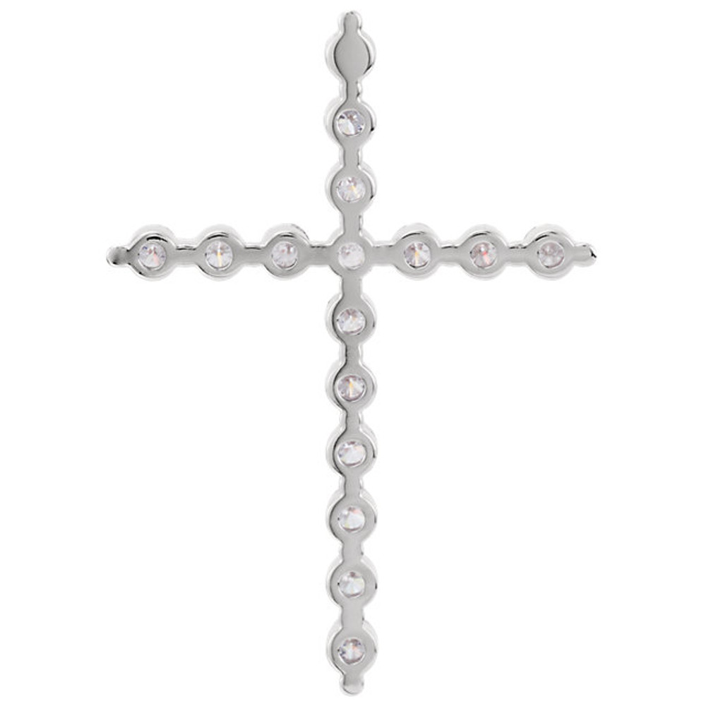 A glistening expression of faith, this diamond cross pendant will take her breath away. Expertly crafted in warm 14K white gold, this simple cross has rich round full-cut genuine diamonds. Designed to delight, this pendant has a bright polished shine. 