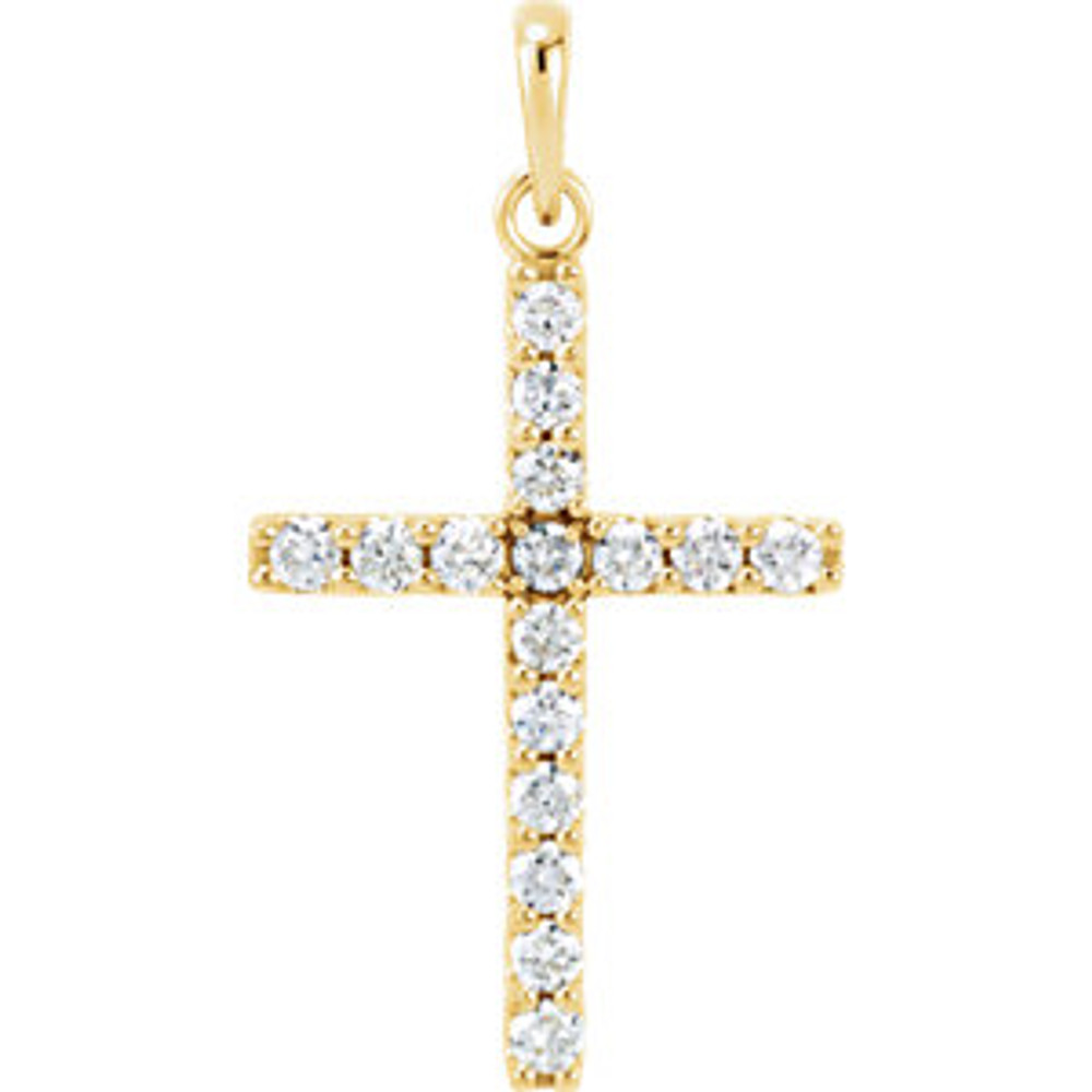 Sixteen brilliant-cut round diamonds are beautifully set in a sparkling prong setting in this stunning diamond cross pendant in 14k yellow gold.