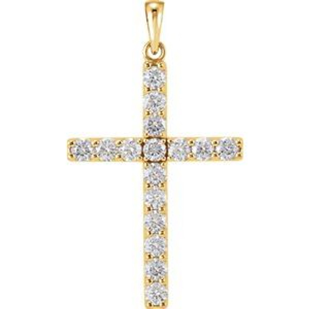 Sixteen brilliant-cut round diamonds are beautifully set in a sparkling prong setting in this stunning diamond cross pendant in 14k yellow gold.