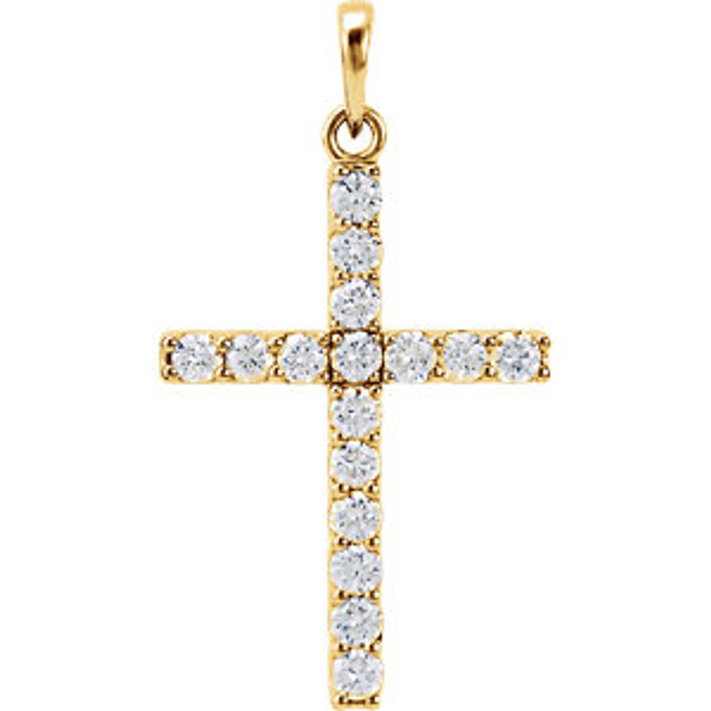 Sixteen brilliant-cut round diamonds are beautifully set in a sparkling prong setting in this stunning diamond cross pendant in 14k yellow gold.