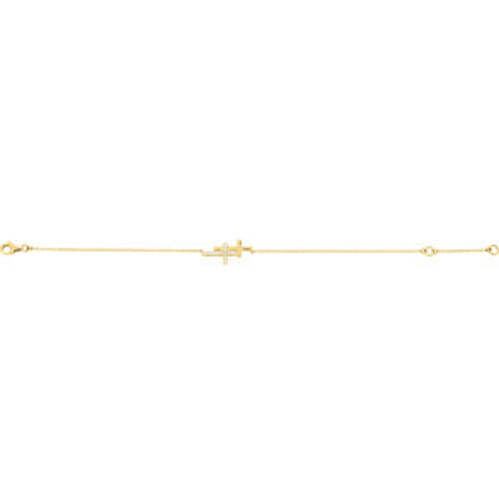 Simple and sweet, this diamond double sideways cross bracelet is a lovely expression of faith. Fashioned in 14K yellow gold, this stylish bracelet is centered with a shimmering diamond-lined sideways cross. Radiant with 1/5 ct. t.w. of diamonds and finished with a bright polish, this 8.0-inch bracelet secures with a spring-ring clasp.