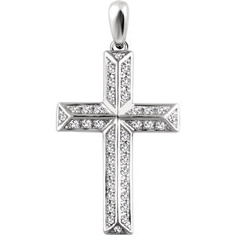 Simple and stylish, this cross pendant is a sparkling reflection of her faith. Crafted in cool 14K white gold, this traditional cross is outlined with shimmering diamond accents that catch the light. A classic look she's certain to adore, this cross is polished to a brilliant shine.
