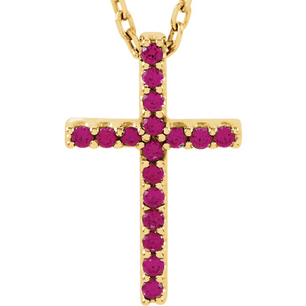 Inspiring and eye-catching, this sparkling Genuine Ruby pendant showcases beautiful 14k yellow gold and matching 16" diamond cut cable chain necklace.