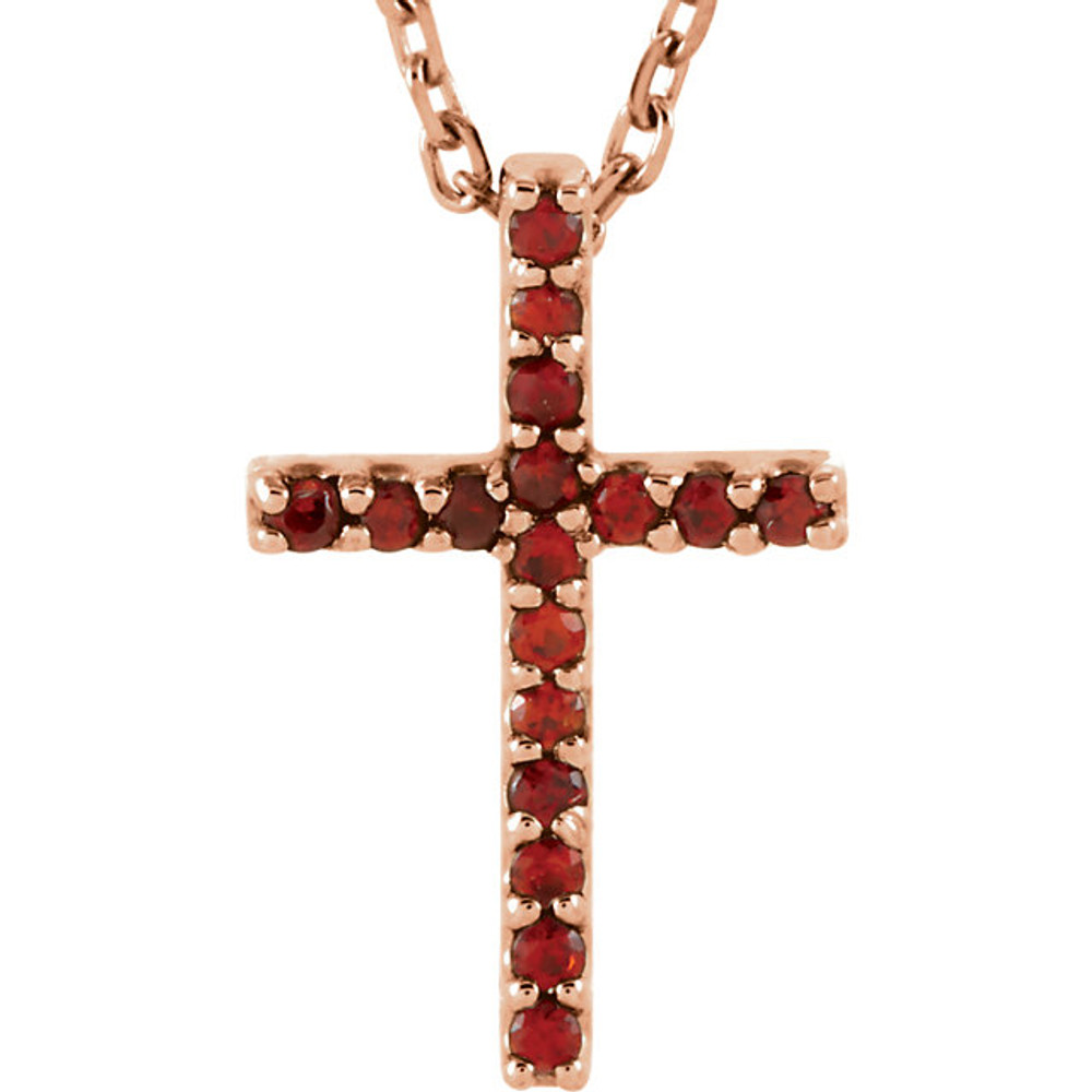 Artistry and faith merge to create this striking 14k rose gold gemstone cross pendant made of Genuine Garnet Mozambique stones in a prong setting with a 16" diamond cut cable chain.