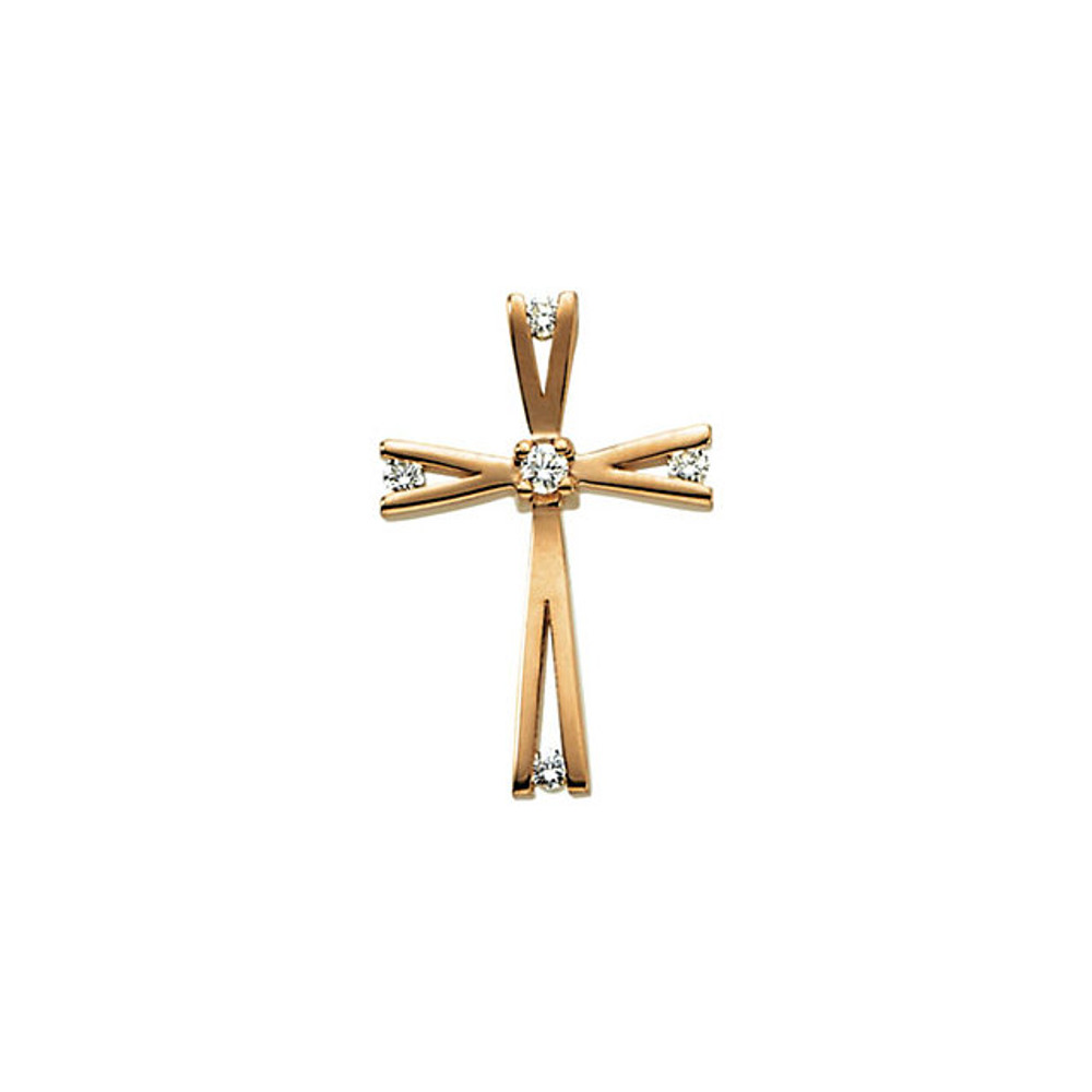 Love for religion is truly something to celebrate. In sparkling 14K gold with five round full cut diamonds. This cross is polished to a brilliant shine. This cross has a total diamond weight of .08. Pendant only! 