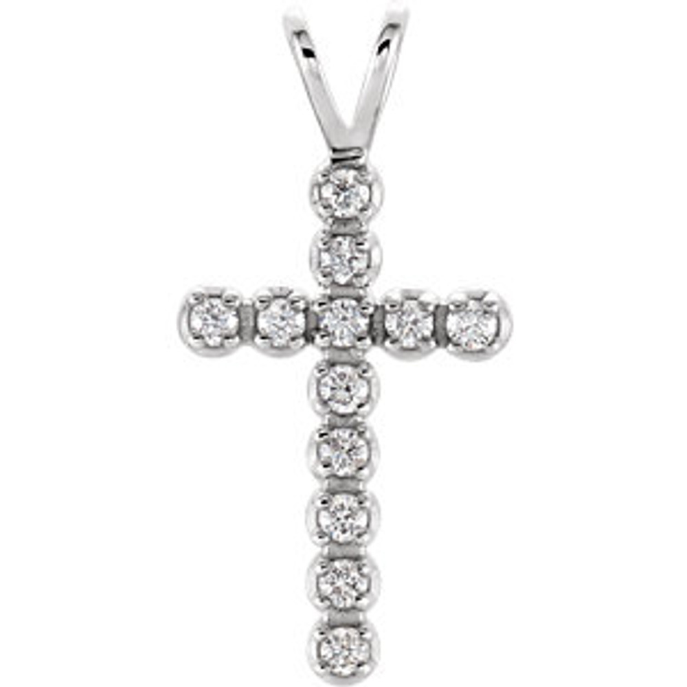 Diamond cross pendant in 14k gold measures 15.00x10.00mm and radiant with 1/8 ct. tw. Polished to a brilliant shine.