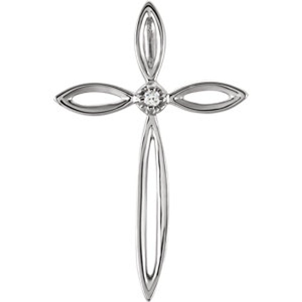 Diamond cross pendant in 14k white gold measures 23.00x14.50mm and radiant with .01 ct. tw. Polished to a brilliant shine.