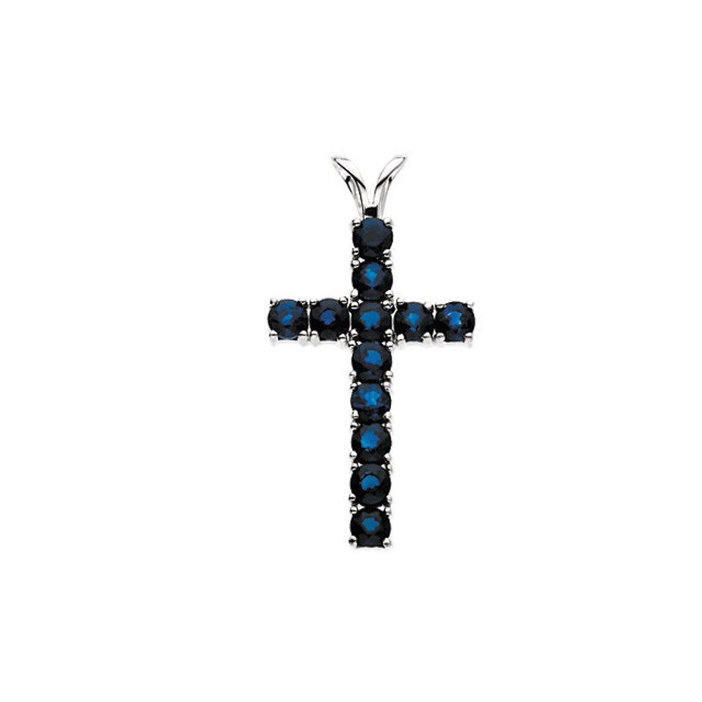 Celebrate faith, fashion and her September birthday with this eye-catching cross necklace. Created in 14k white gold, this traditional cross is completely outlined with shimmering genuine blue sapphires. A look she'll treasure, this pendant is polished to a brilliant shine.