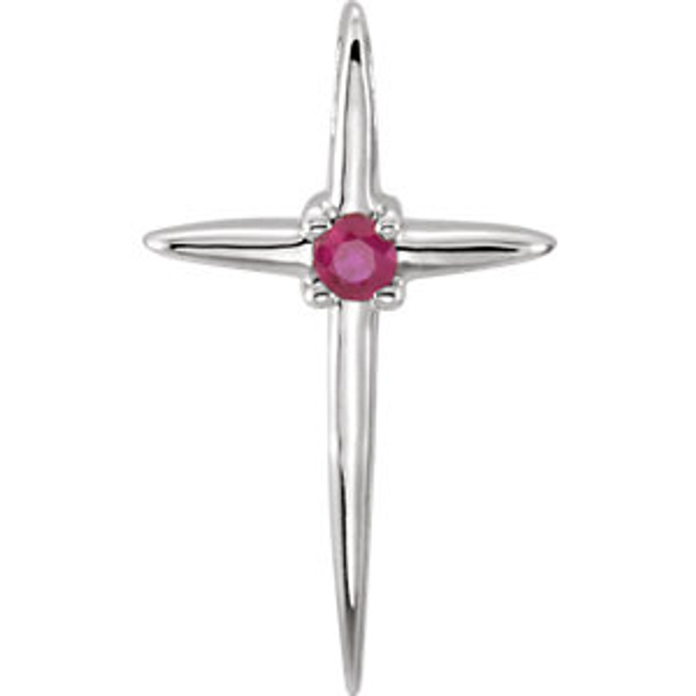 Her outward faith is met with sparkling fashion in this eye-catching cross pendant. Crafted in 14K white gold, this detailed cross is centered with a 2.0mm round-shaped genuine red ruby, the traditional birthstone for July.
