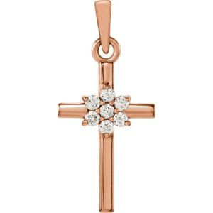 Diamond cross pendant in 14k rose gold measures 18.60x08.85mm and radiant with .07 ct. tw. Polished to a brilliant shine.