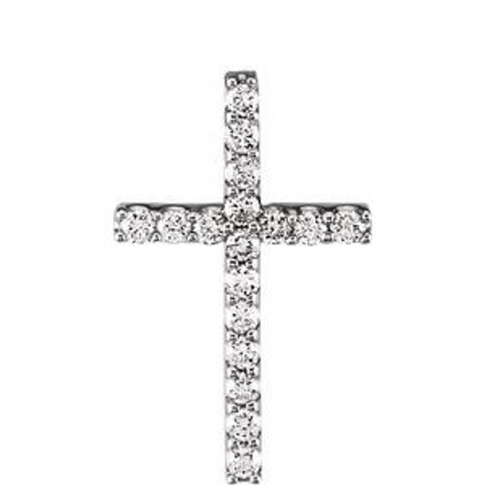 Crafted from platinum, this shimmering cross pendant is covered with round brilliant cut diamonds weighing approximately 3/4 ct. tw. and has a bright polish to shine.