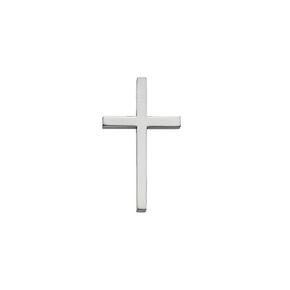 This solid cross pendant has an elegant design in platinum. Polished to a brilliant shine and measures 25.75x15.75mm.