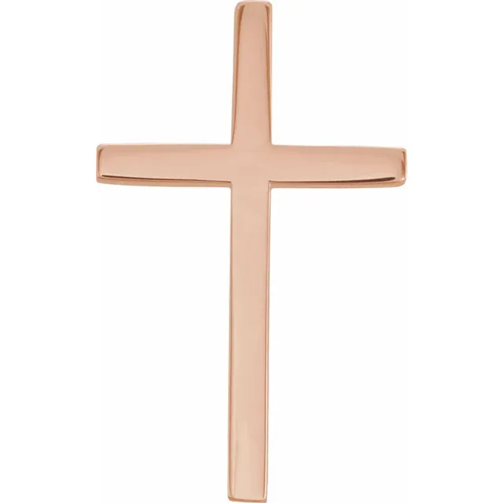 This solid cross pendant has an elegant design in 14K rose gold. Polished to a brilliant shine and measures 25.75x15.75mm.