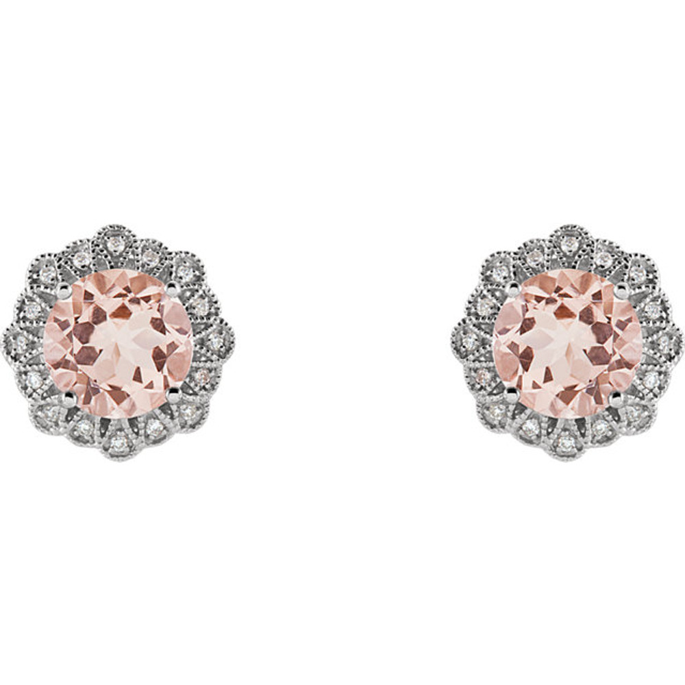 Known as the gemstone of divine love, pink morganite is said to open one to the frequency of the universal heart. She's certain to fall in love with these captivating earrings. Centering each 14K white gold stud, a 8x8 MM round-shaped pink morganite gemstone is bordered by a frame of glittering diamond accents totaling 1/8 ct. tw. Polished to a brilliant shine, these post style earrings secure comfortably with friction backs. 