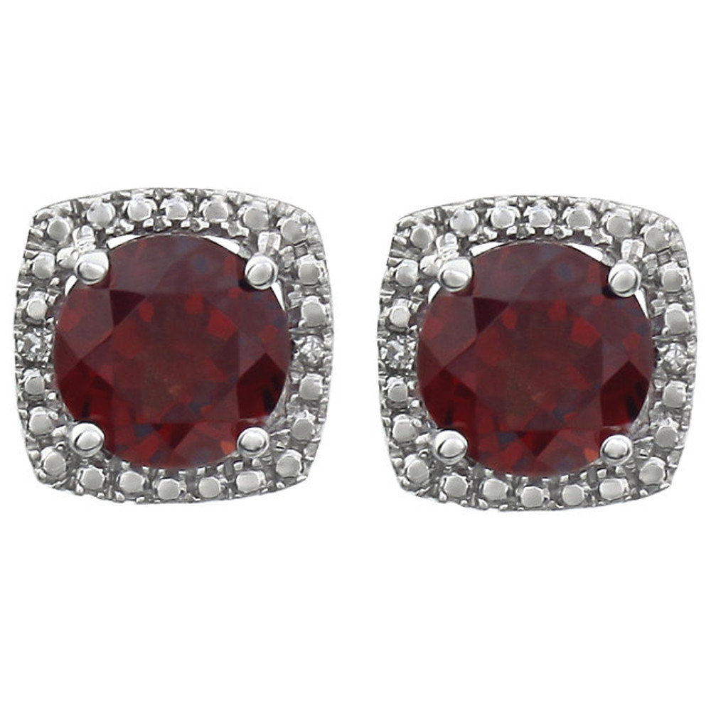 Beautiful sterling silver Mozambique Garnet January birthstone diamond earrings with .015 ct tw. Say "I love you" to any woman in your life; a friend, mother, wife, girlfriend, daughter.