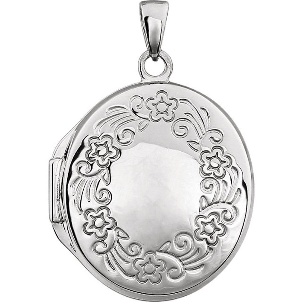 Forever beating as one, jewelry from our exclusive collection symbolizes timeless, unconditional love. This charming oval locket with floral engraving is crafted in sterling silver. 