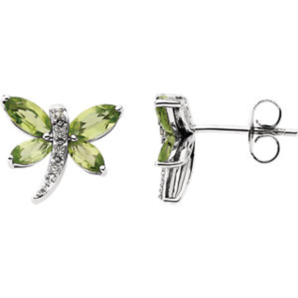 Fun and flirty in design, these vivid dragonfly earrings feature stunning marquise-cut peridot gemstones beautifully accented by round diamonds and a 14kt white gold setting.