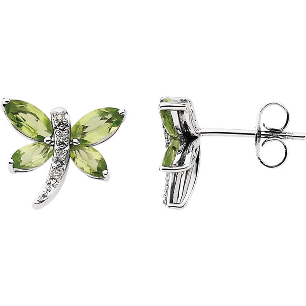 Fun and flirty in design, these vivid dragonfly earrings feature stunning marquise-cut peridot gemstones beautifully accented by round diamonds and a 14kt white gold setting.