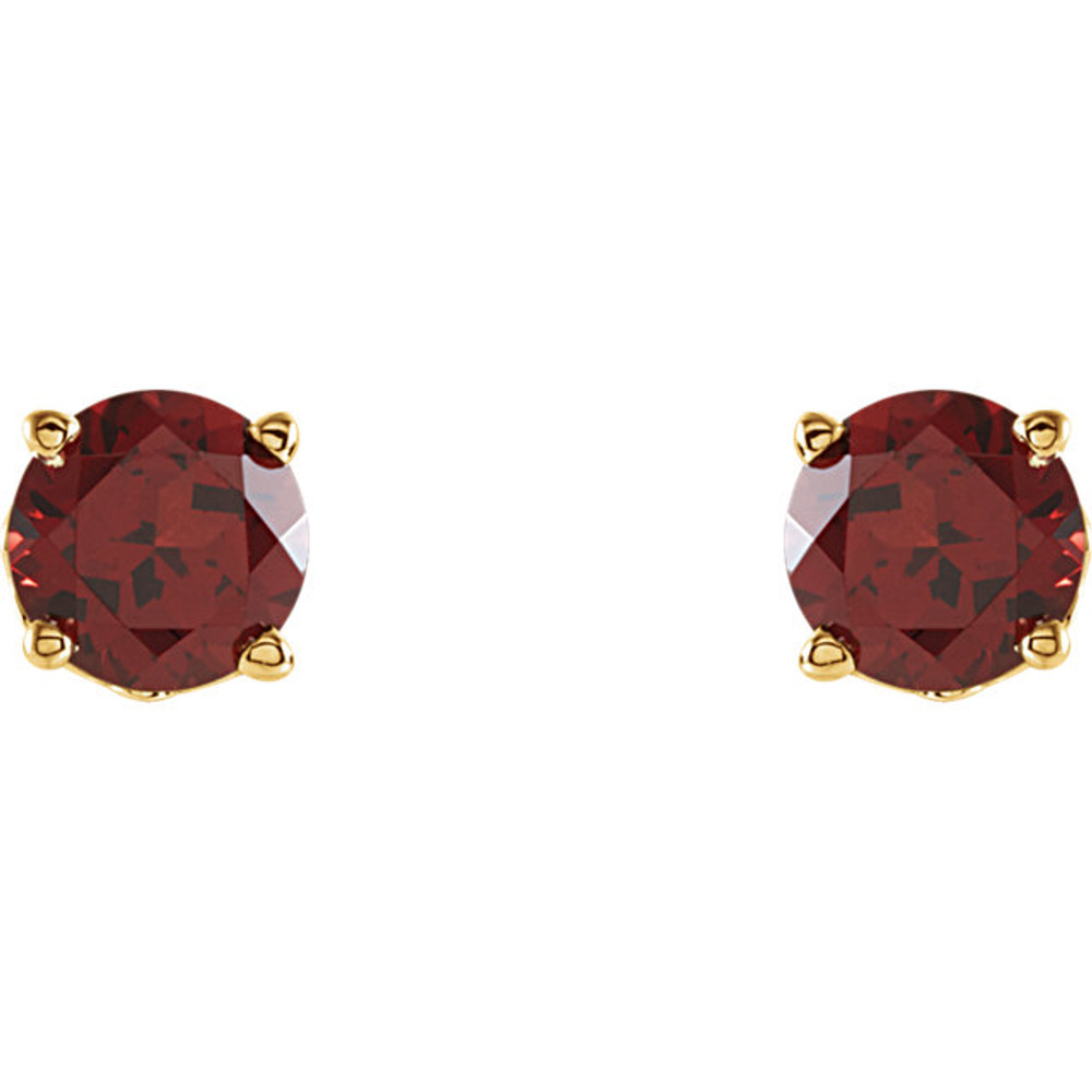 These round garnet earrings are set in contrasting 14K yellow gold. The posts of these fine jewelry earrings are secured by friction backs. Garnet is January's birthstone. Gently clean by rinsing in warm water and drying with a soft cloth.