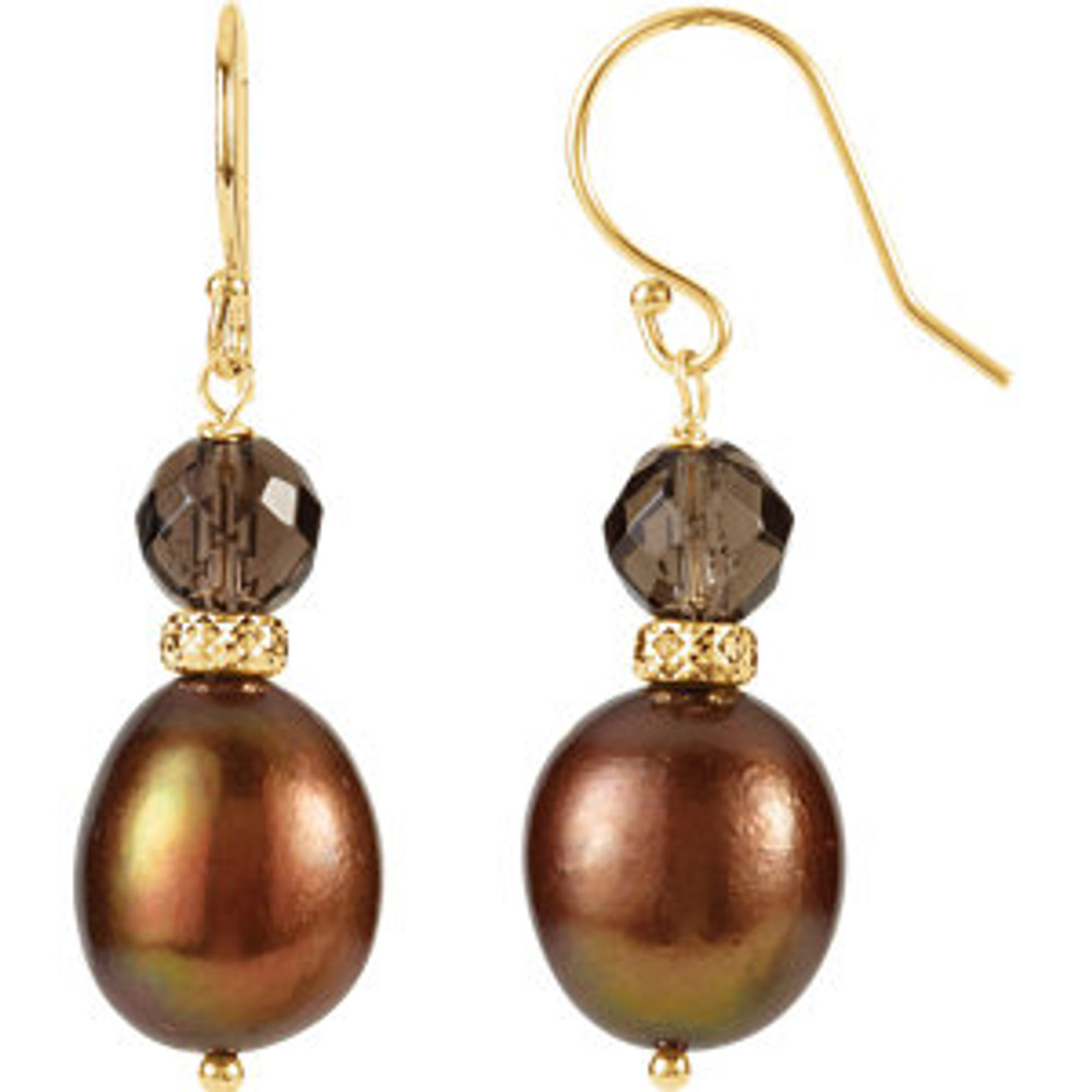 These elegant 14k yellow gold freshwater cultured pearl & smoky quartz earrings each feature a 10.50-11.50mm. Polished to a brilliant shine.