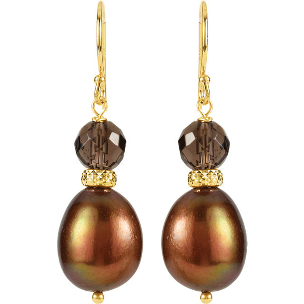 These elegant 14k yellow gold freshwater cultured pearl & smoky quartz earrings each feature a 10.50-11.50mm. Polished to a brilliant shine.