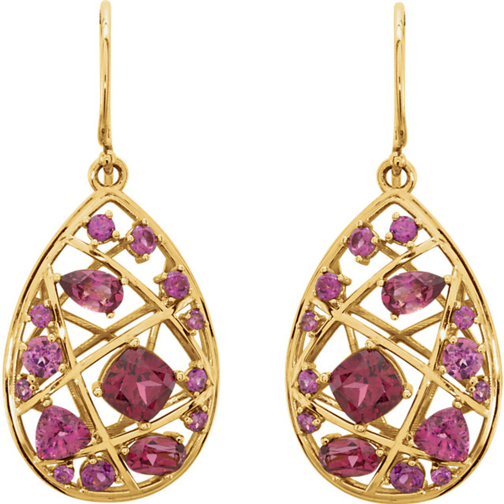 Rhodolite Garnet Nest-Design Dangle Earrings In 14K Yellow Gold measures 35.60x16.10mm and has a bright polish to shine.