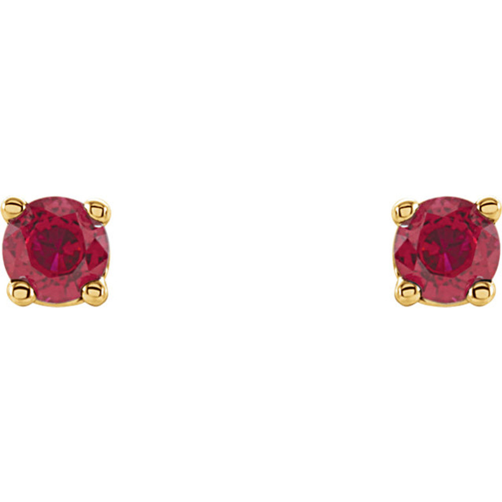 Classic and sophisticated, these ruby stud earrings are a lovely look any time. Fashioned in sleek 14K yellow gold, each earring features a 2.5mm round red ruby in a durable four-prong setting. Polished to a brilliant shine, these earrings secure comfortably with friction backs.