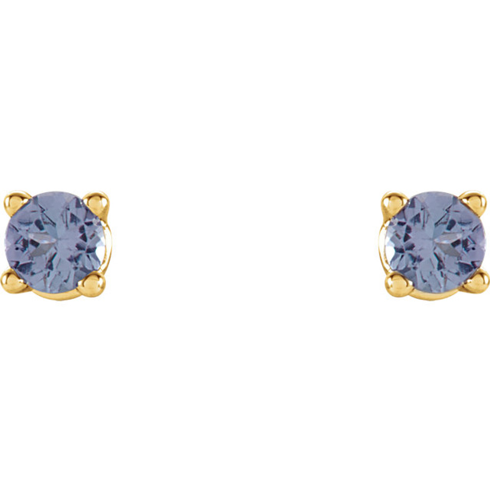 Classic and sophisticated, these tanzanite stud earrings are a lovely look any time. Fashioned in sleek 14K yellow gold, each earring features a 2.5mm round blue tanzanite in a durable four-prong setting. Polished to a brilliant shine, these earrings secure comfortably with friction backs.