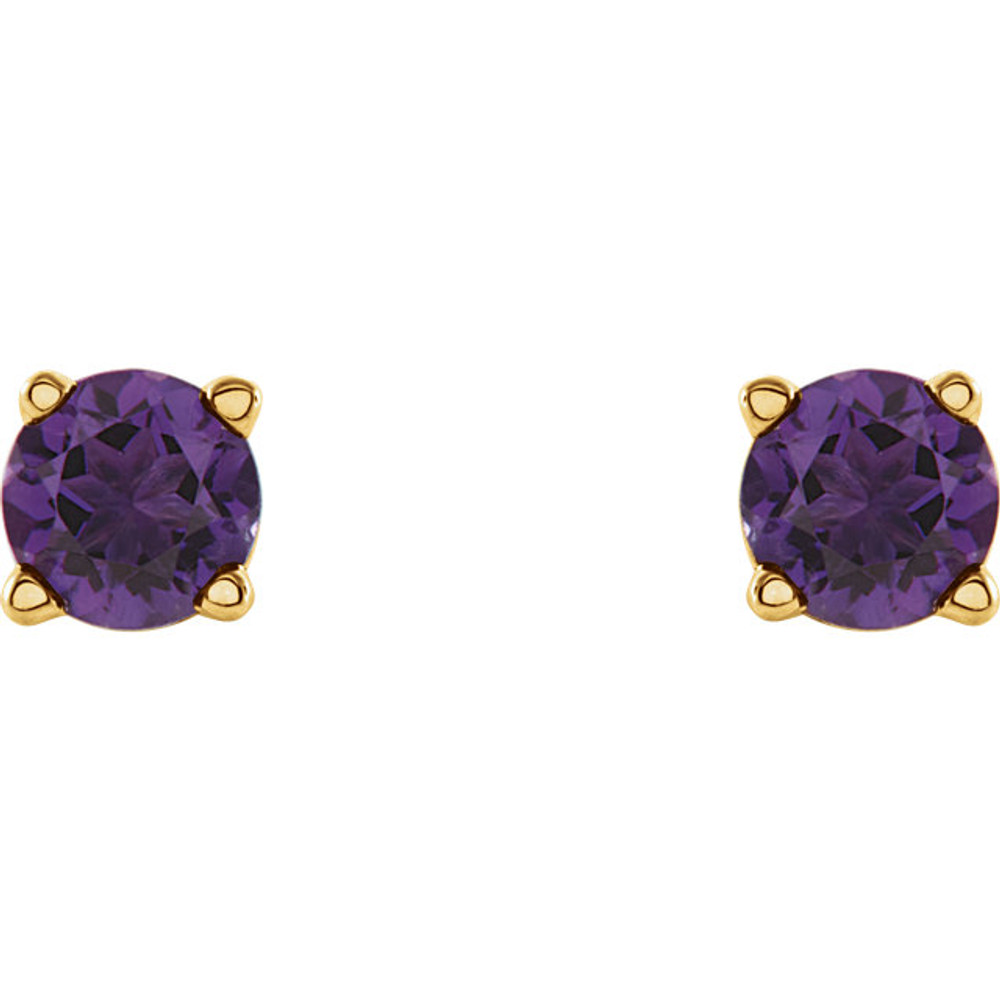 Classic and sophisticated, these genuine amethyst stud earrings are a lovely look any time. Fashioned in sleek 14K yellow gold, each earring features a 4.0mm round purple amethyst in a durable four-prong setting. Polished to a brilliant shine, these earrings secure comfortably with friction backs.