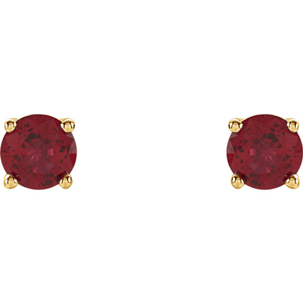 Classic and sophisticated, these ruby stud earrings are a lovely look any time. Fashioned in sleek 14K yellow gold, each earring features a 4.0mm round genuine ruby in a durable four-prong setting. Polished to a brilliant shine, these earrings secure comfortably with friction backs.