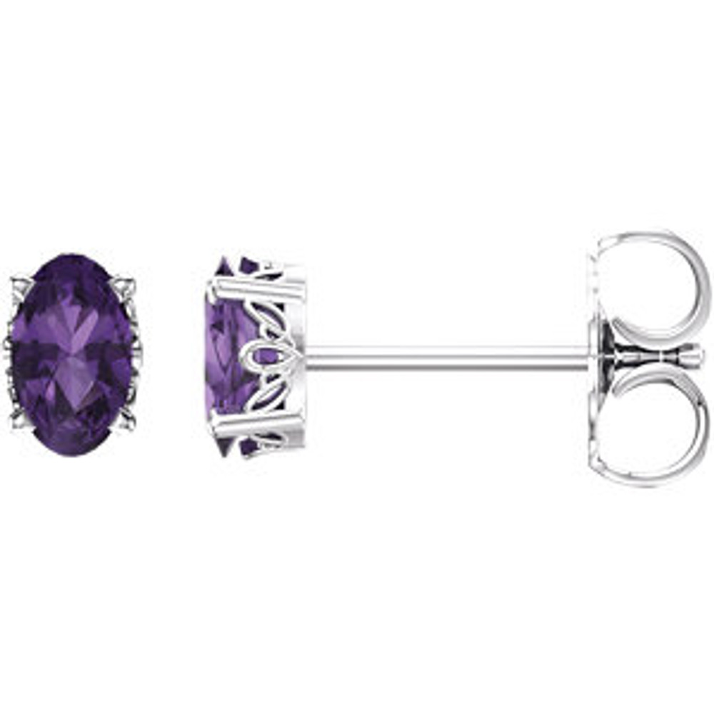 Purple passion! This simple stud design features a 5 x 3mm faceted genuine amethyst cradled in a 4-prong basket of 14k white gold finished with a tension back post. Total carat weight for the pair is 0.44. Color range varies on all natural stones so please allow for slight variations in shades. Gemstone treatment: heat enhanced.