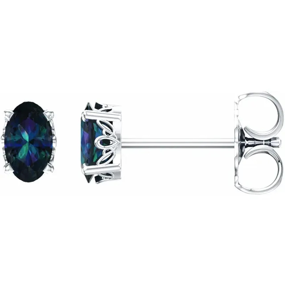 The changing hues of an Alexandrite stone enchants the eye and fuels the imagination. It is perfect for those seeking a unique expression of self. This simple stud design features a 5x3mm Lab-Grown Alexandrite cradled in a 4-prong basket of 14k white gold finished with a tension back post.