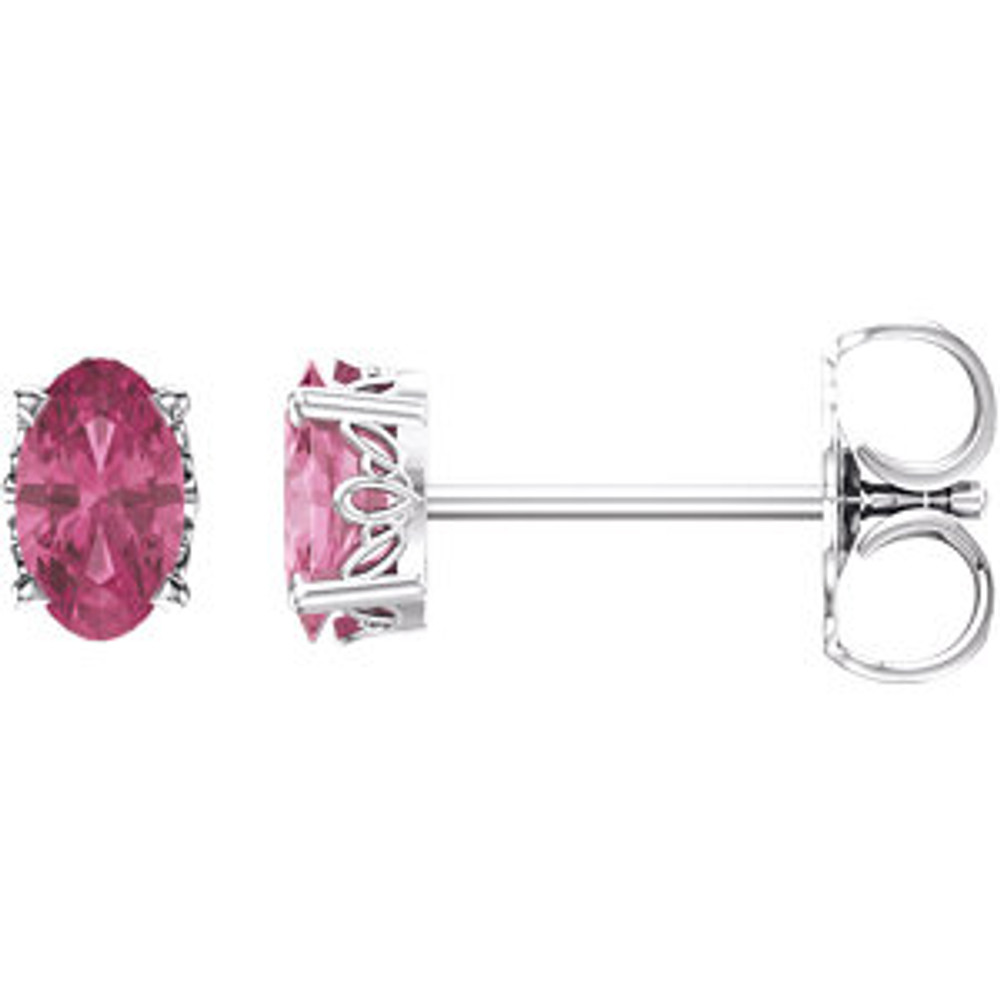 Quintessentially feminine! This simple stud design features a 5 x 3mm faceted genuine pink tourmaline cradled in a 4-prong basket of 14k white gold finished with a tension back post. Total carat weight for the pair is 0.56. Color range varies on all natural stones so please allow for slight variations in shades. Gemstone treatment: heated enhancement.